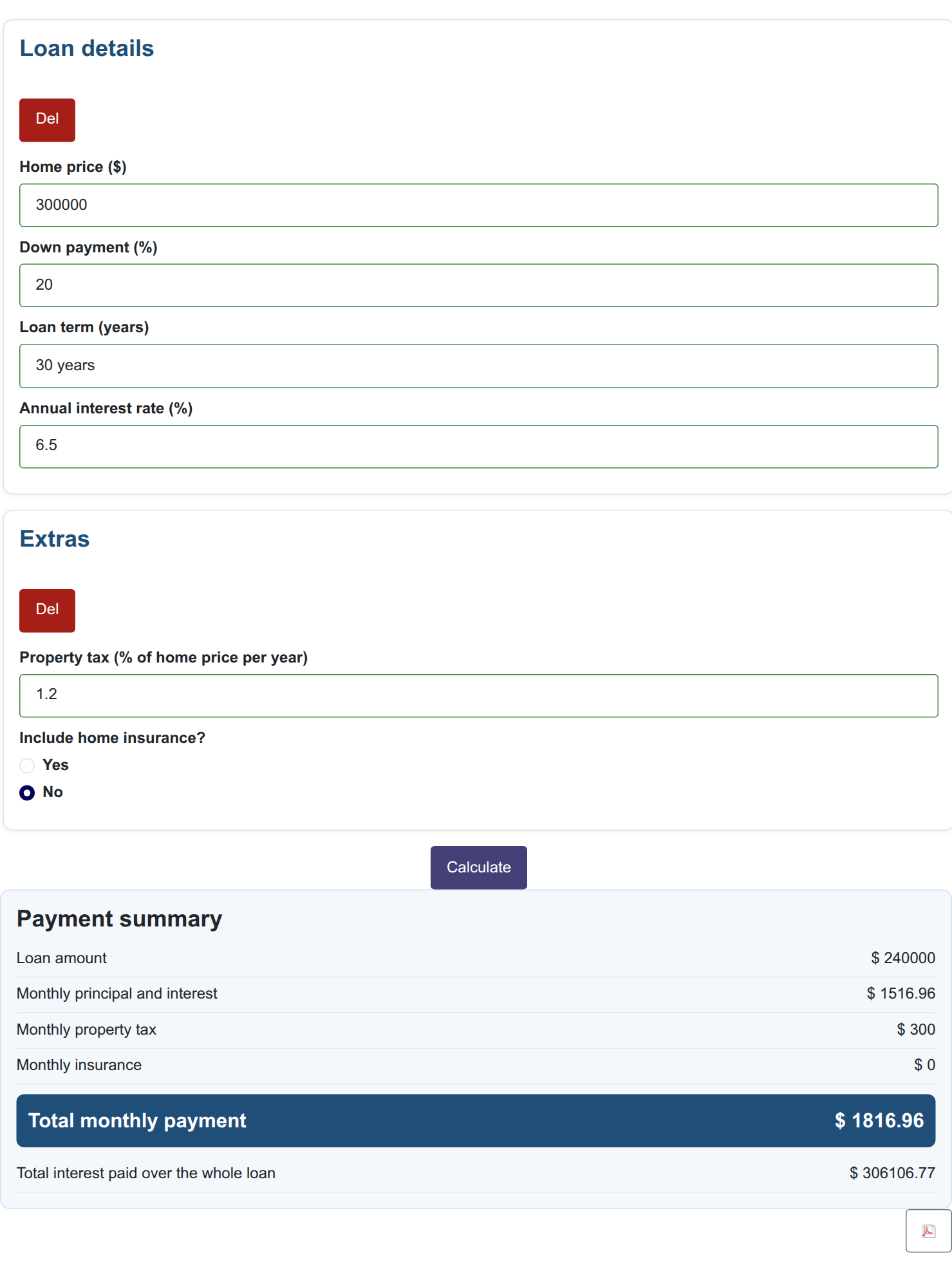 The generated calculator on the front end The generated calculator on the front end