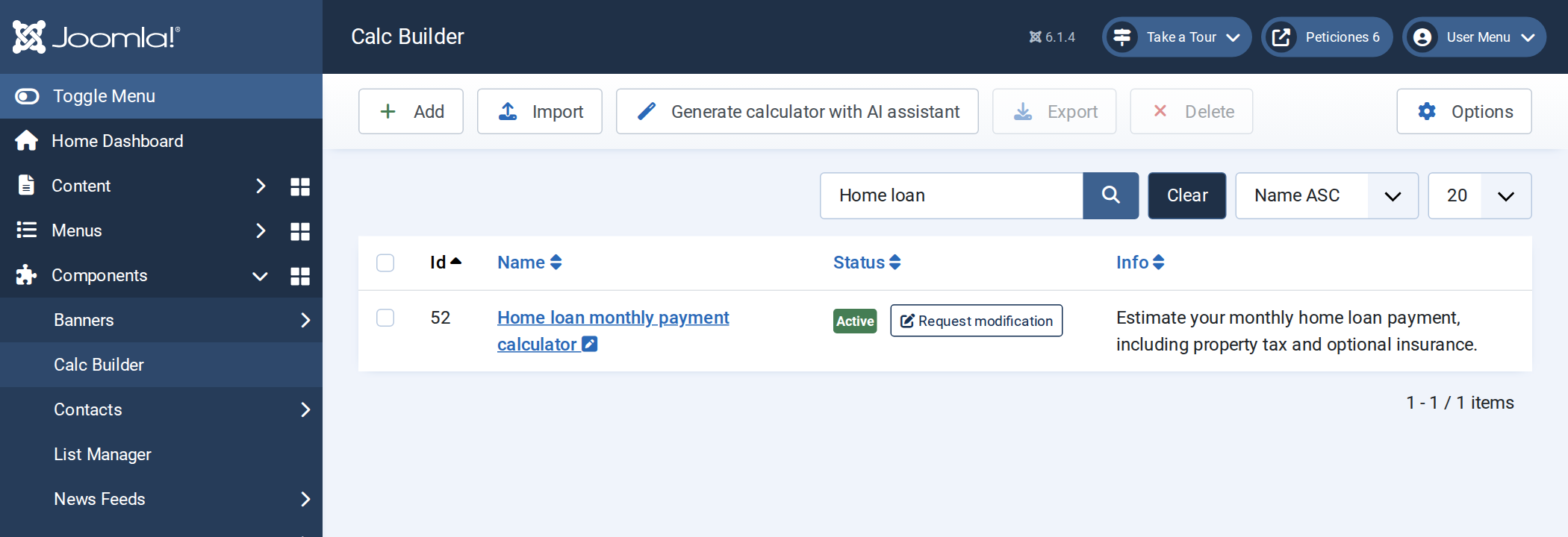 Generated calculator, Active, with Request modification Generated calculator, Active, with Request modification