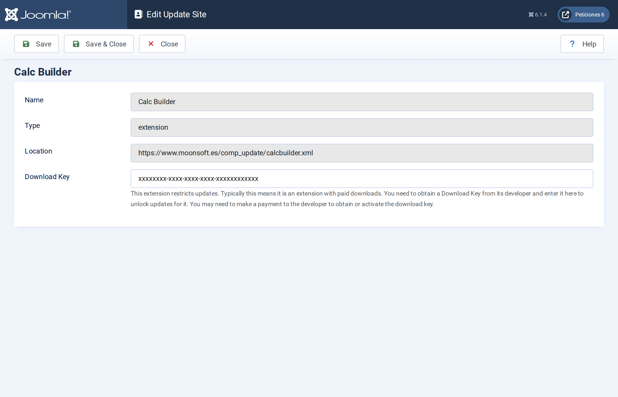 Download Key field of the update site Download Key field of the update site