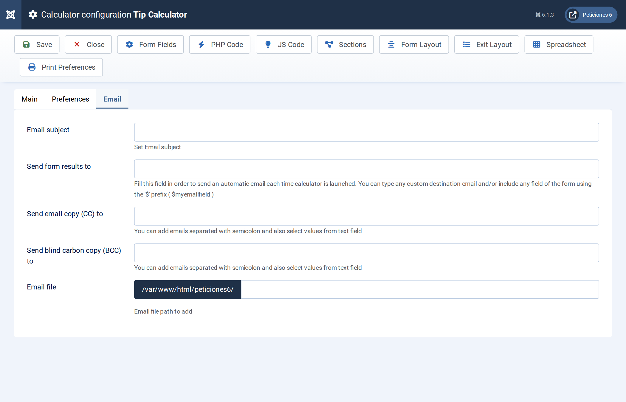 Email tab