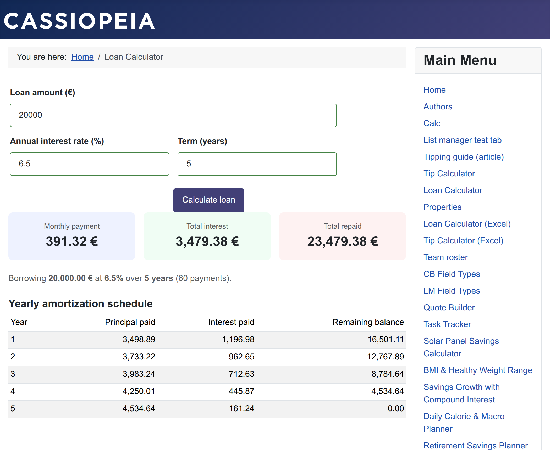 The finished loan calculator with schedule The finished loan calculator with schedule