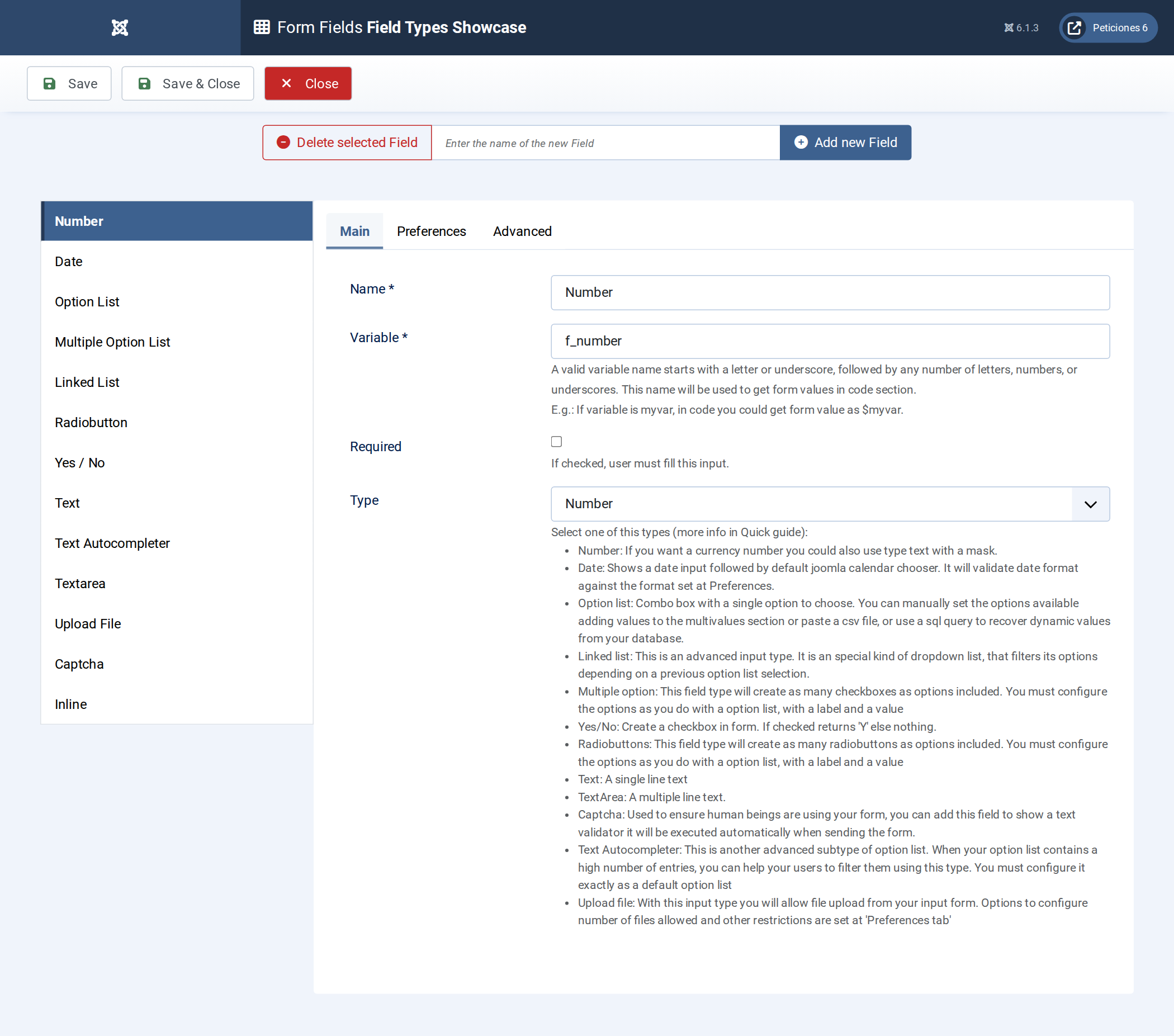 Form Fields screen