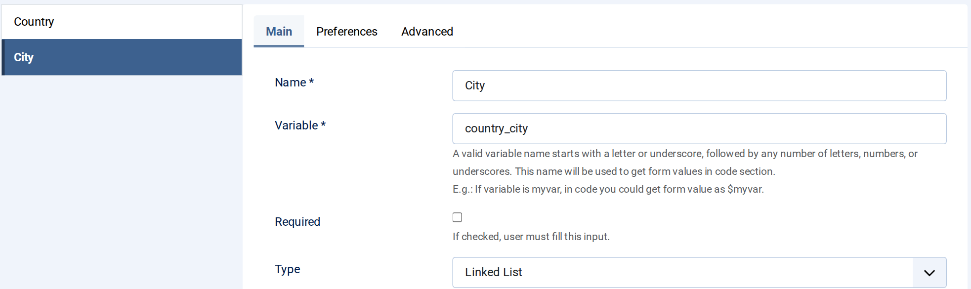 City field: variable country_city, type Linked List