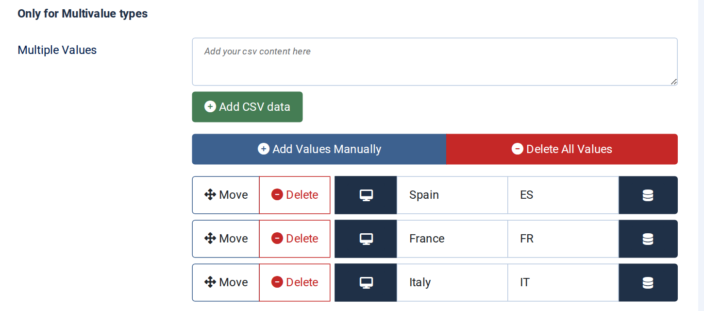 Country options: Spain/ES, France/FR, Italy/IT