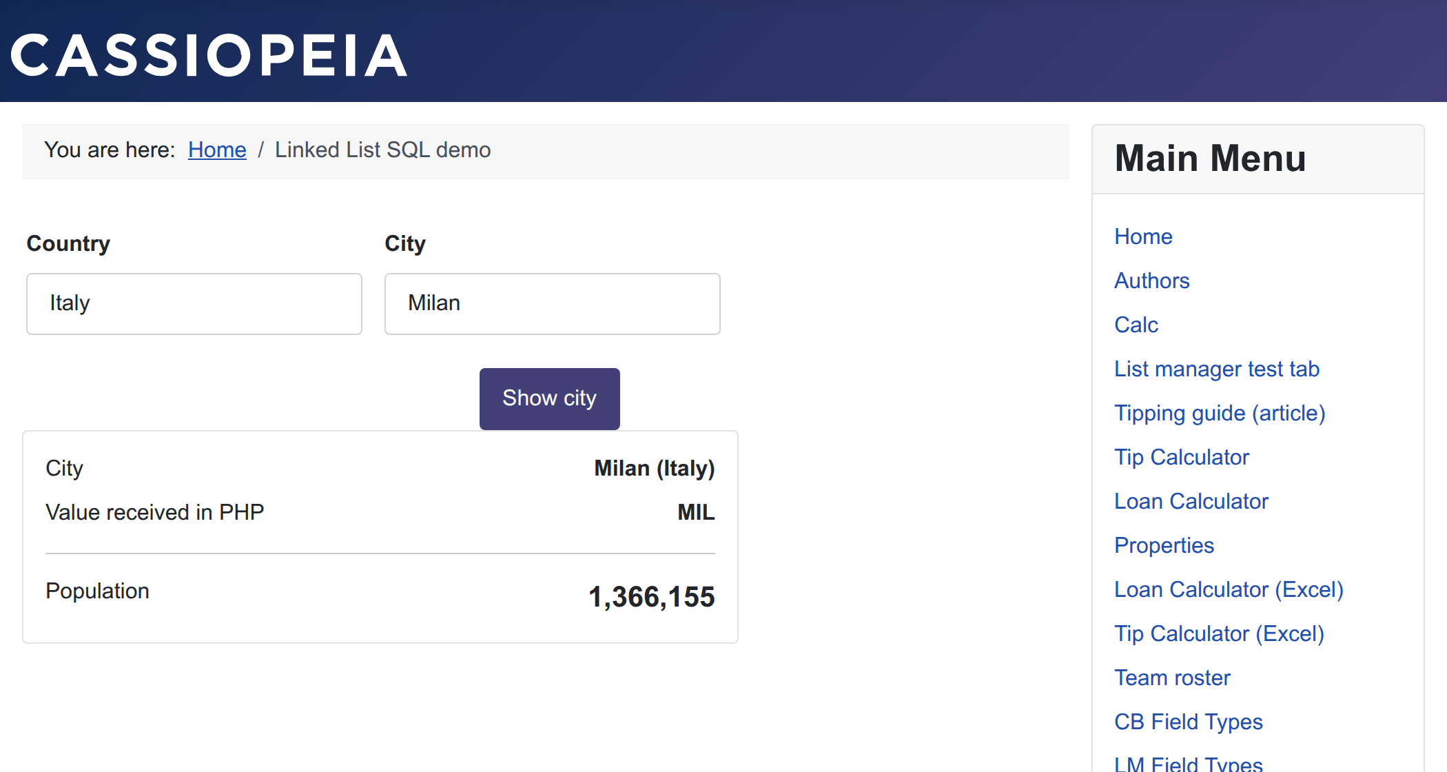 Country Italy, City Milan, population read from the database Country Italy, City Milan, population read from the database