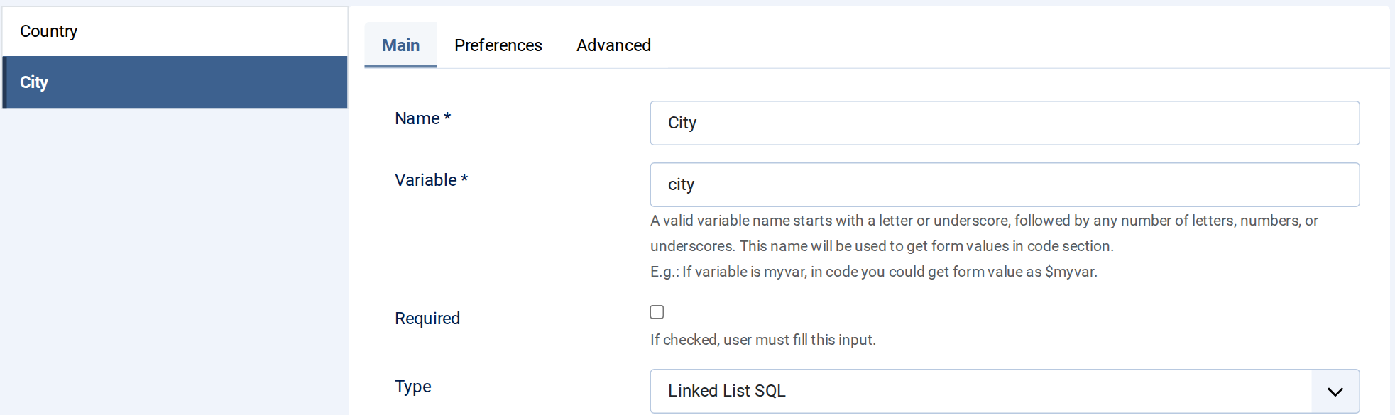 City field: variable city, type Linked List SQL City field: variable city, type Linked List SQL