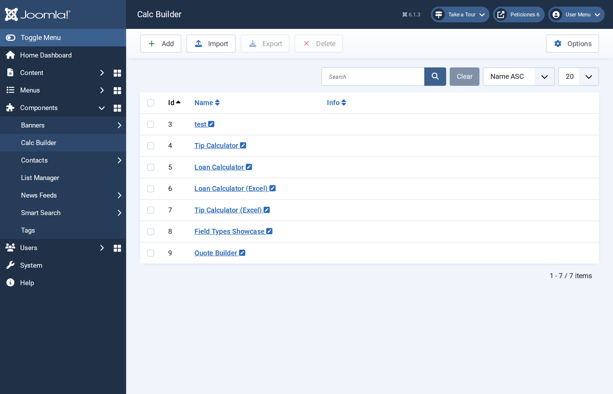 The Calc Builder main page