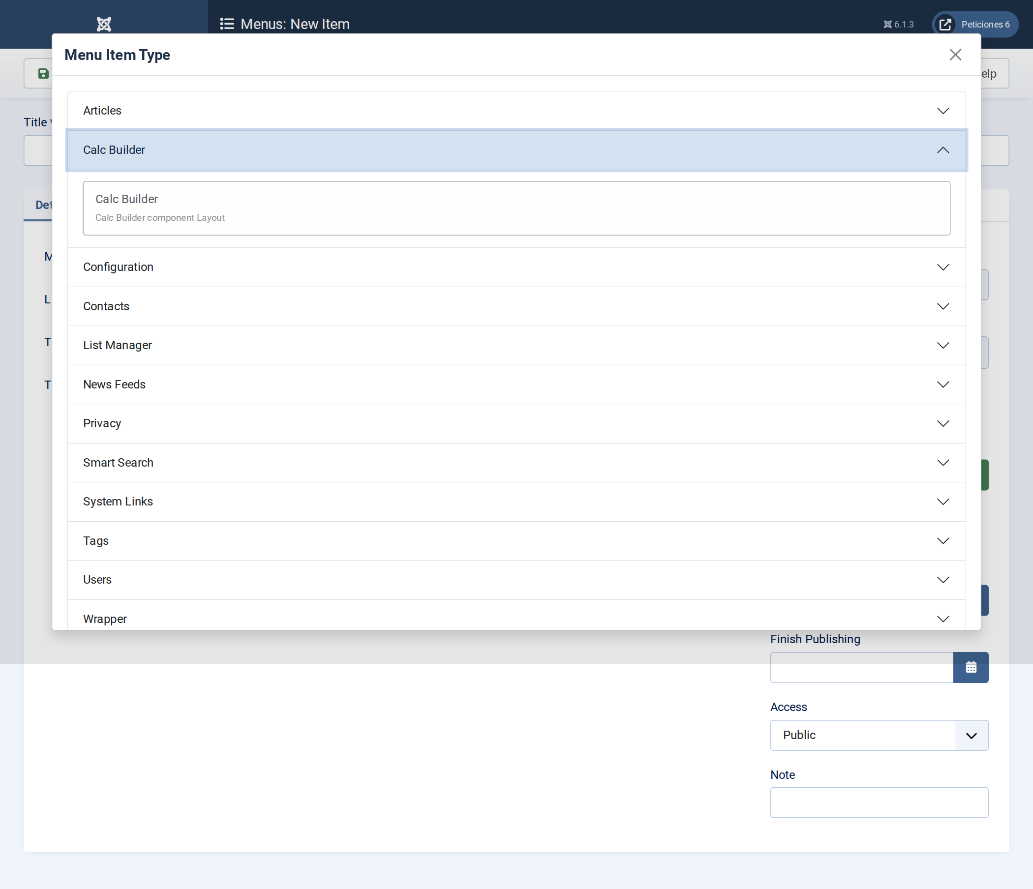 Choosing the Calc Builder menu item type