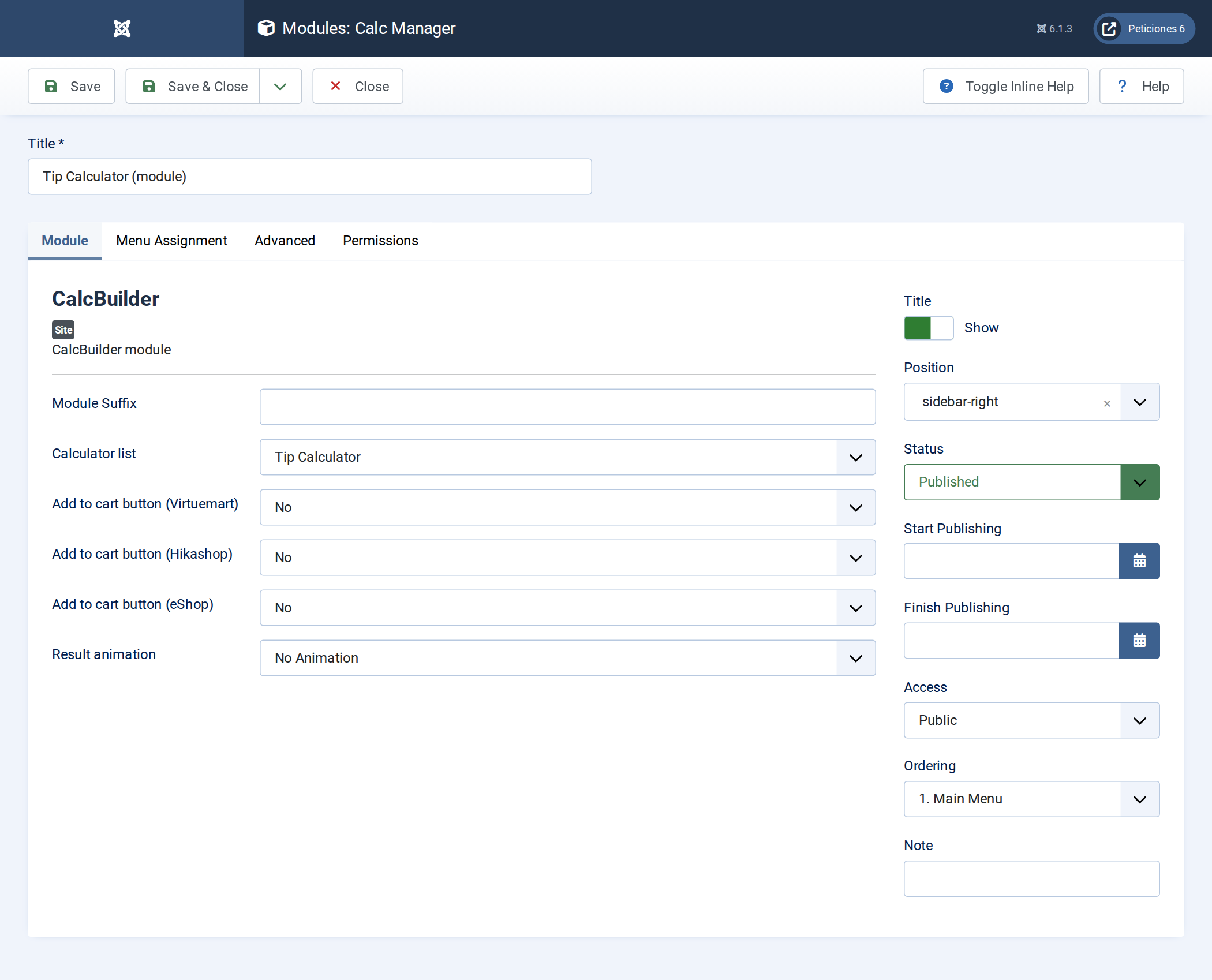 The CalcBuilder module settings