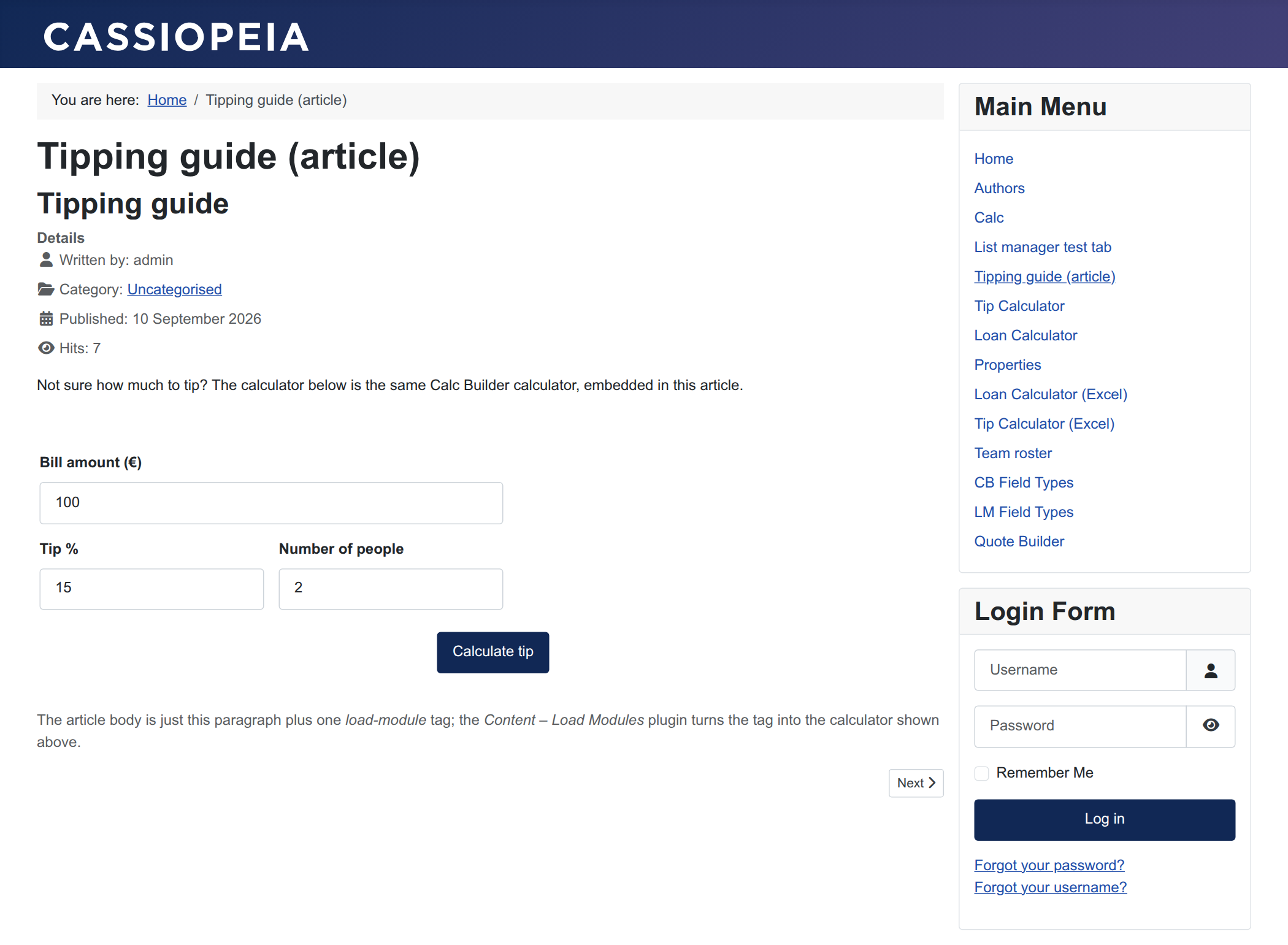 The Tip Calculator embedded in the body of an article via a single {loadmoduleid} tag.