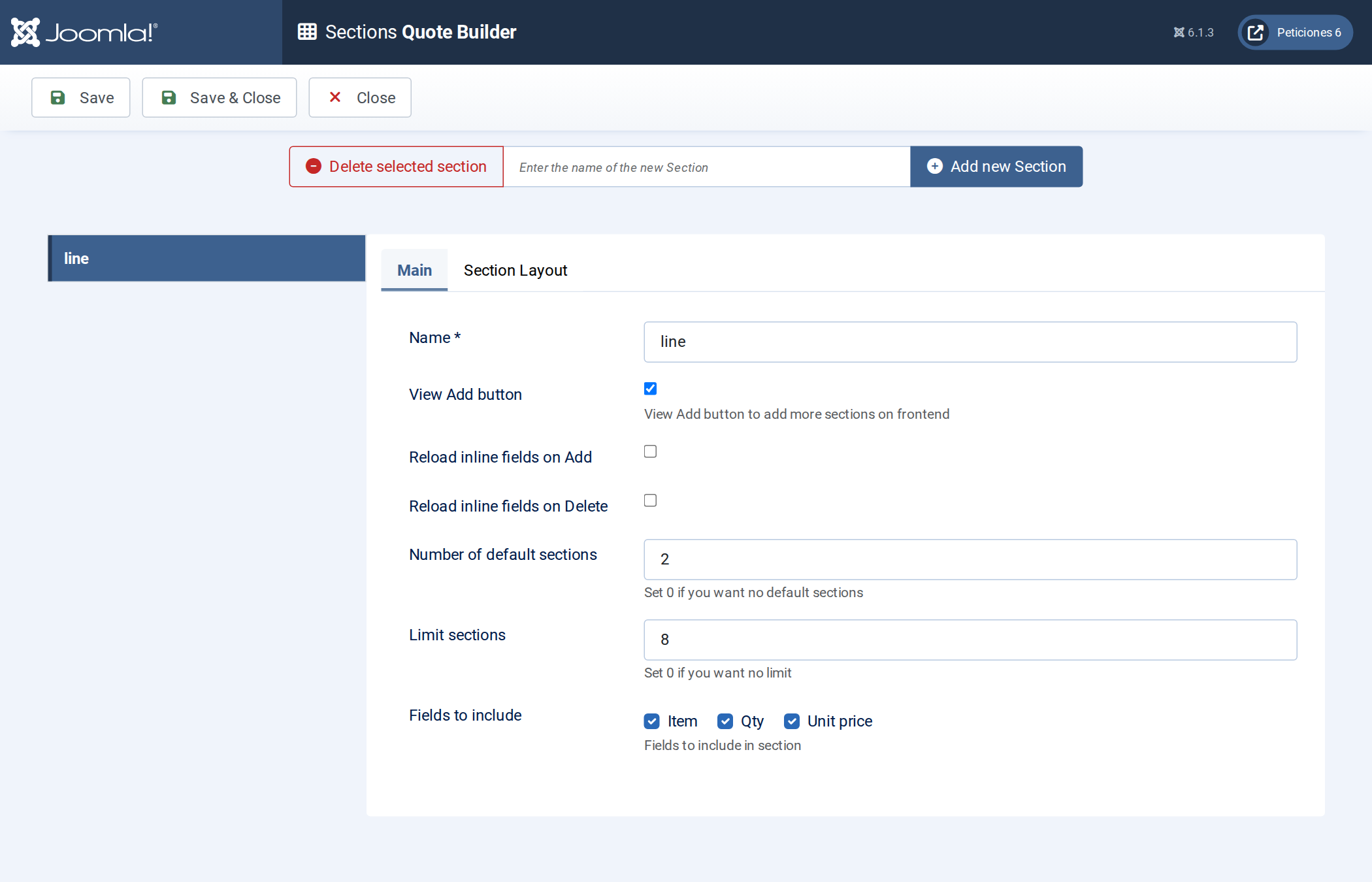 Sections screen