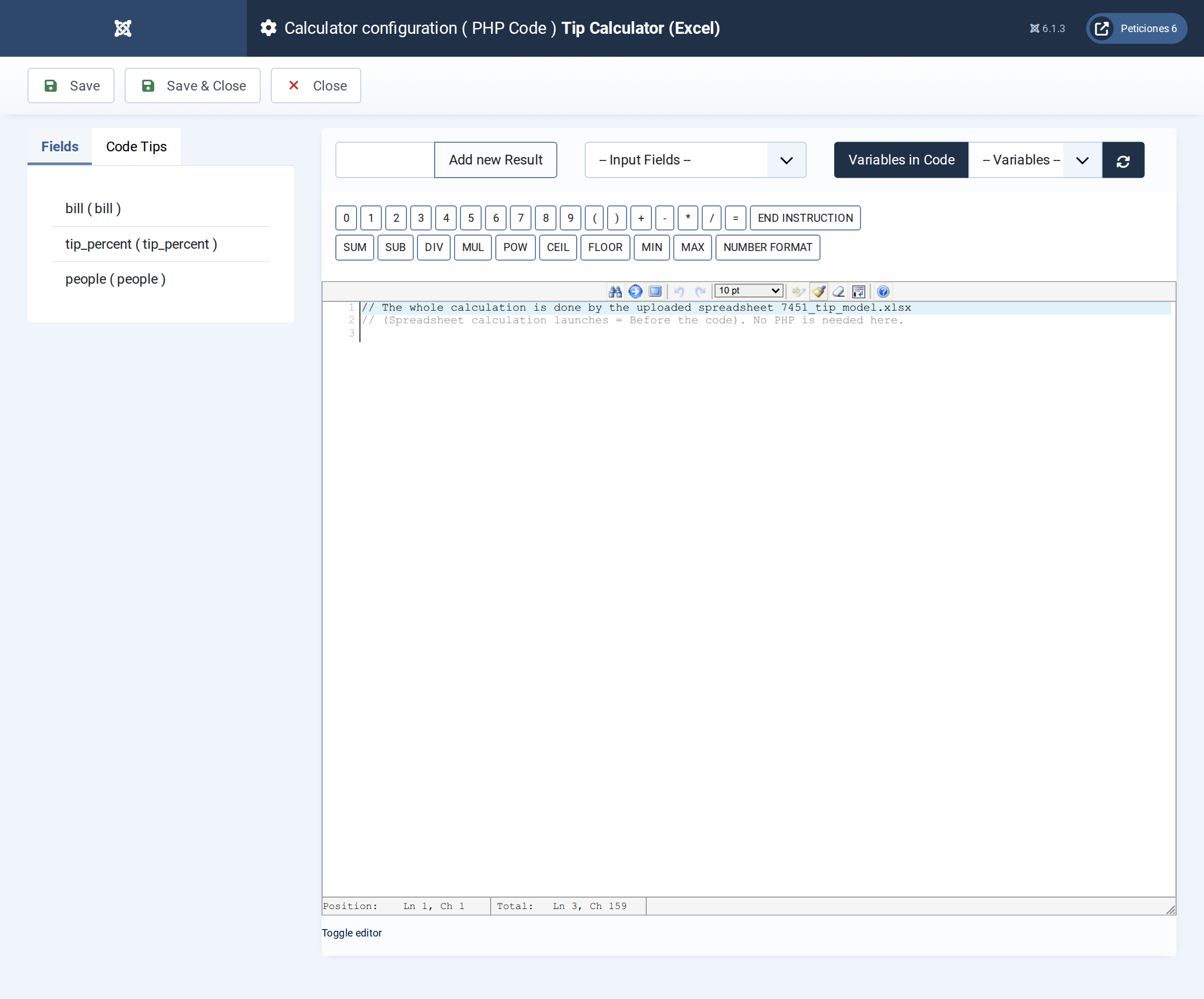 The PHP Code screen: nothing to write