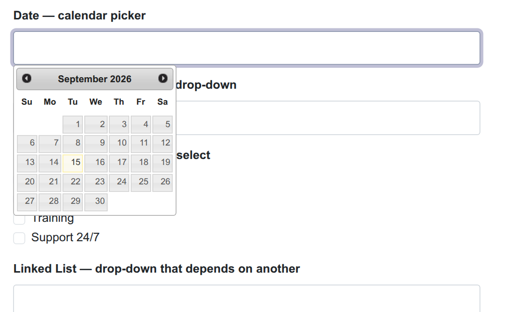 A Date field &mdash; clicking it opens a calendar.