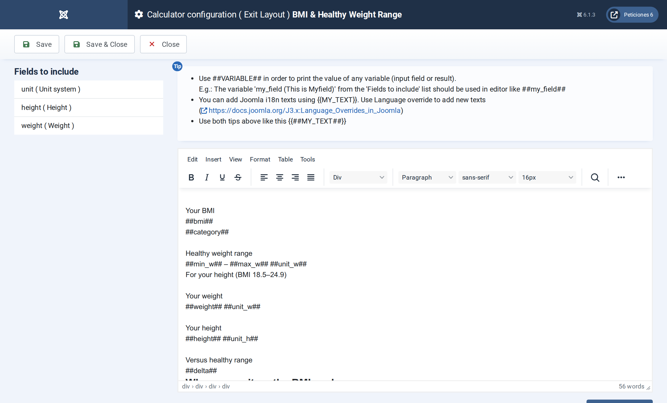 BMI & Healthy Weight Range - Exit Layout admin screen