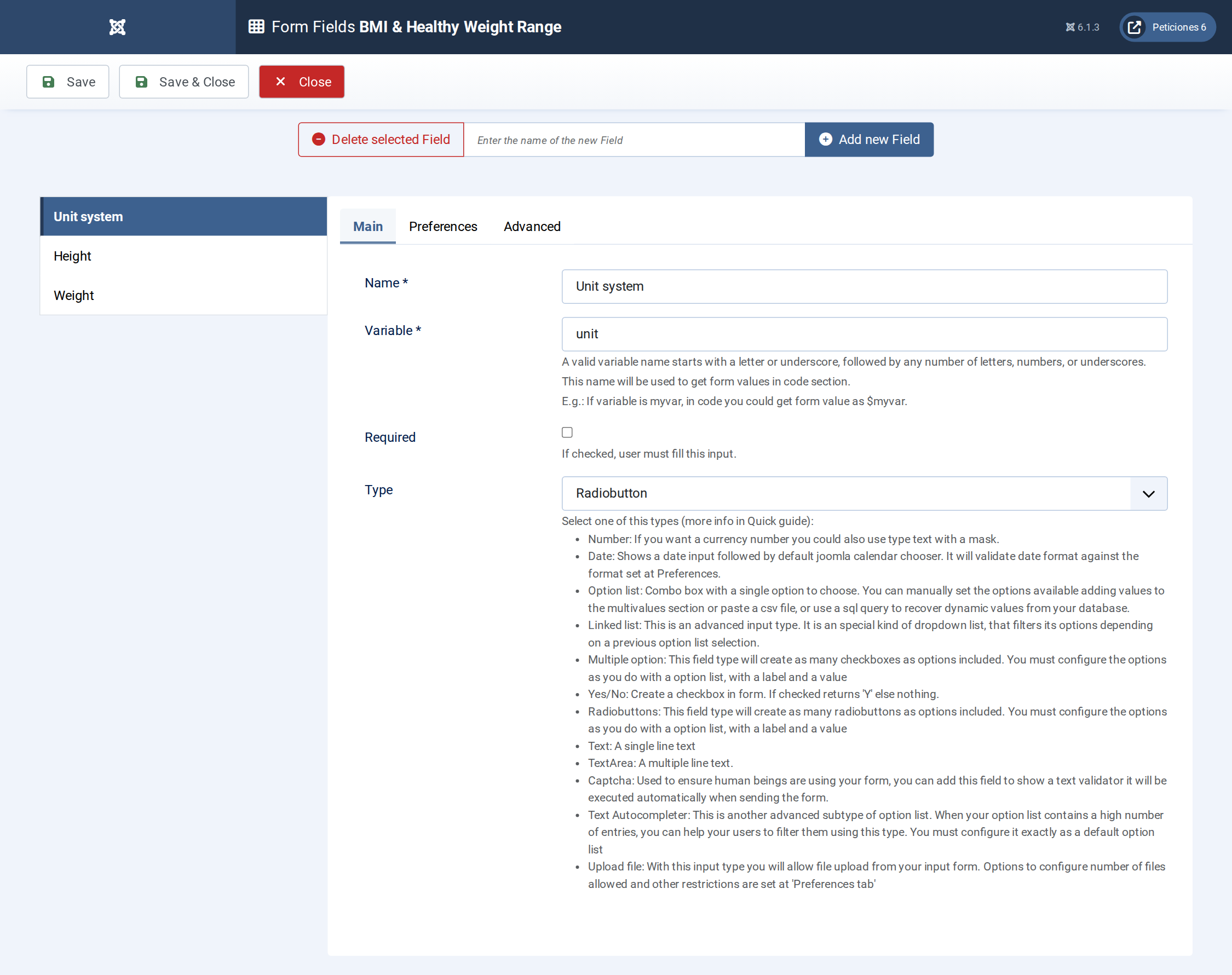 BMI & Healthy Weight Range - Form Fields admin screen