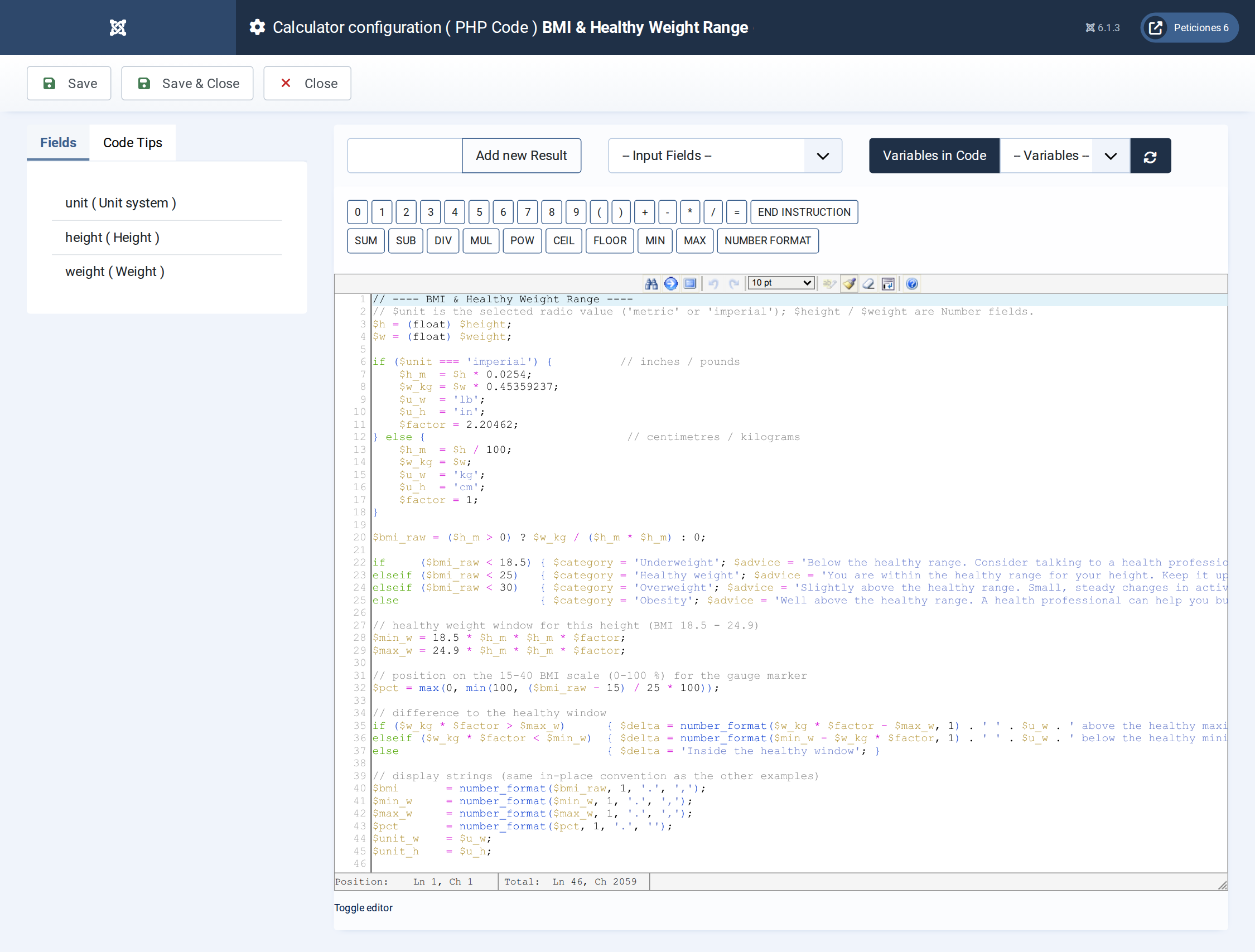 BMI & Healthy Weight Range - PHP Code admin screen