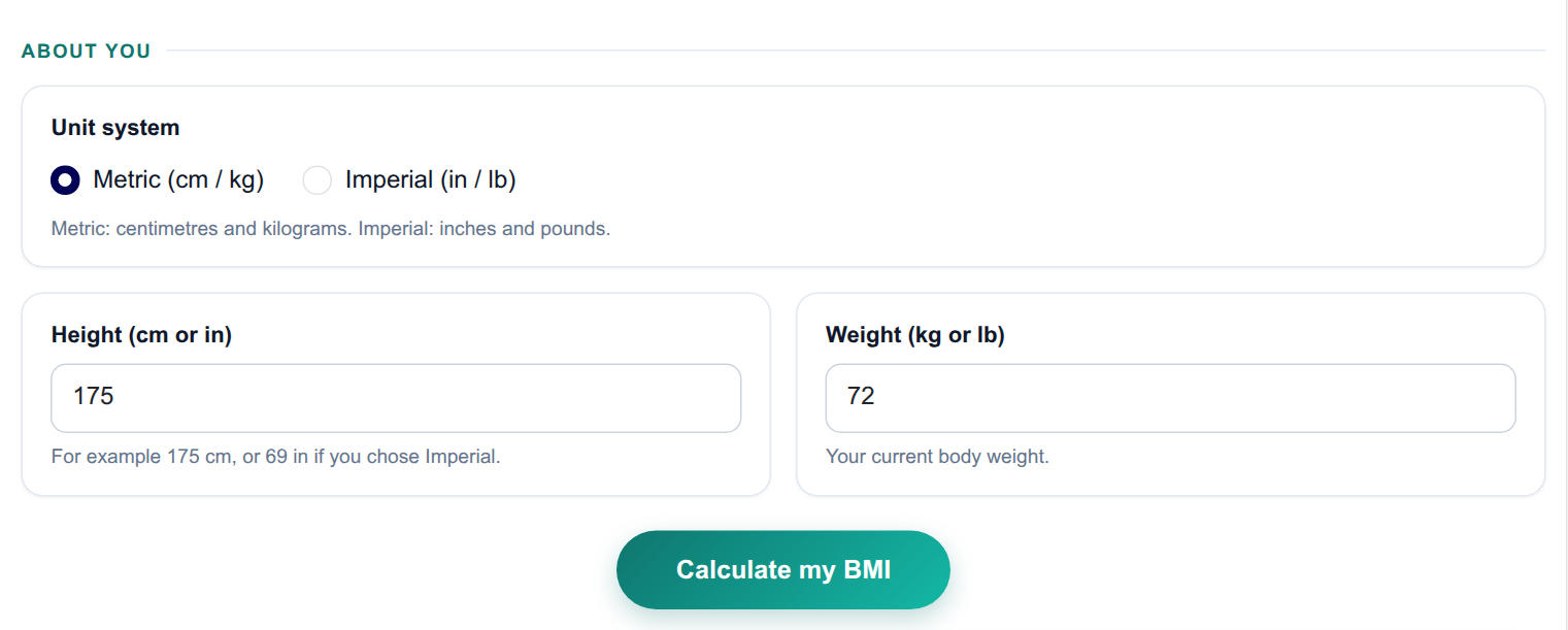 BMI & Healthy Weight Range - input form on the frontend