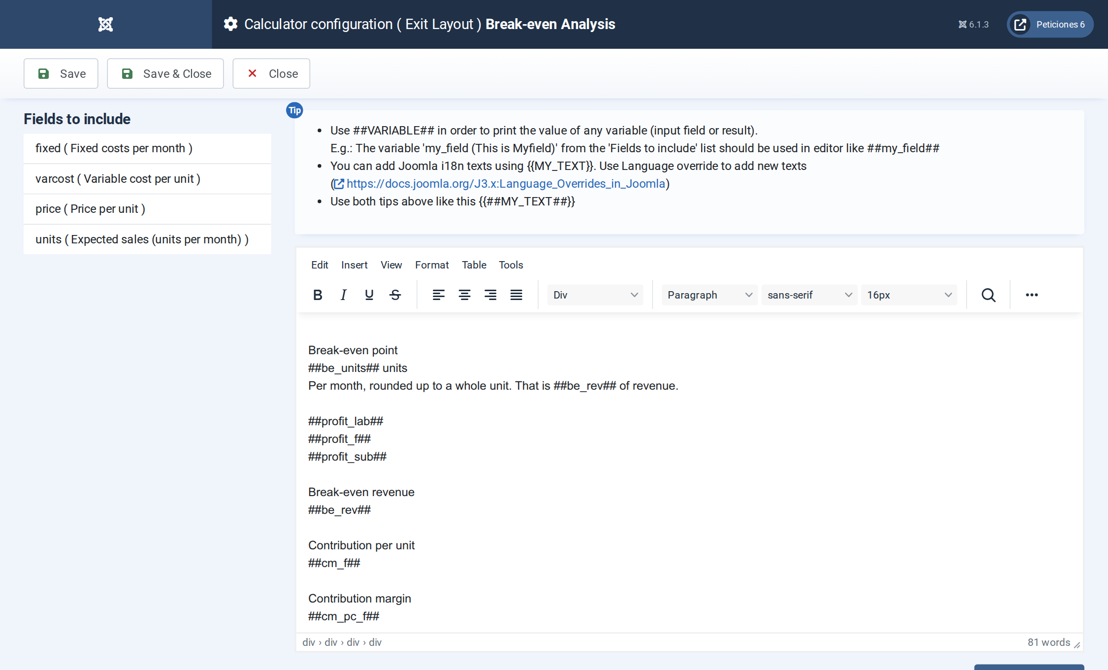 Break-even Analysis - Exit Layout admin screen