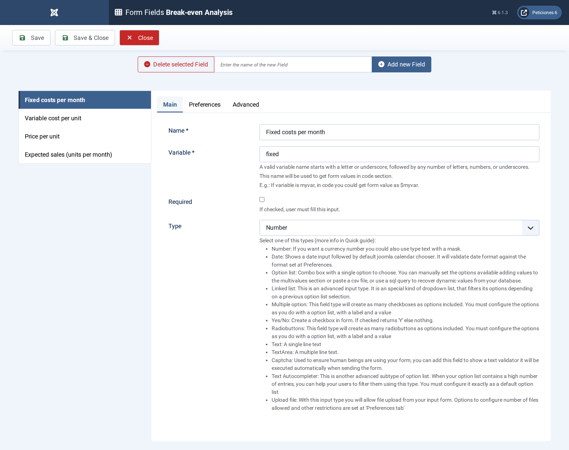 Break-even Analysis - Form Fields admin screen