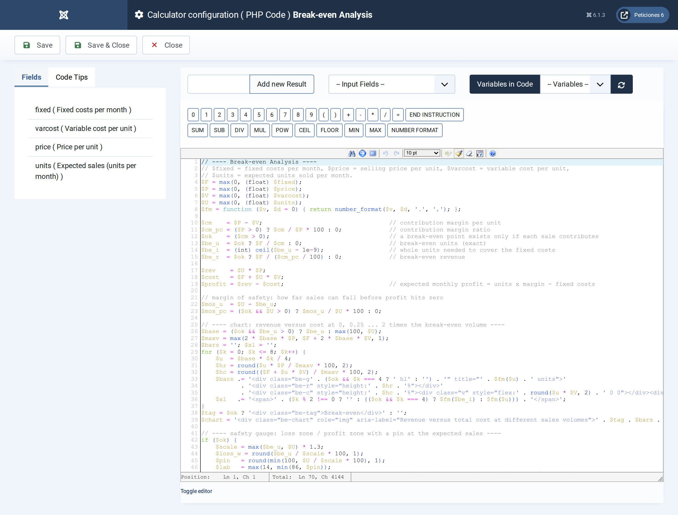 Break-even Analysis - PHP Code admin screen