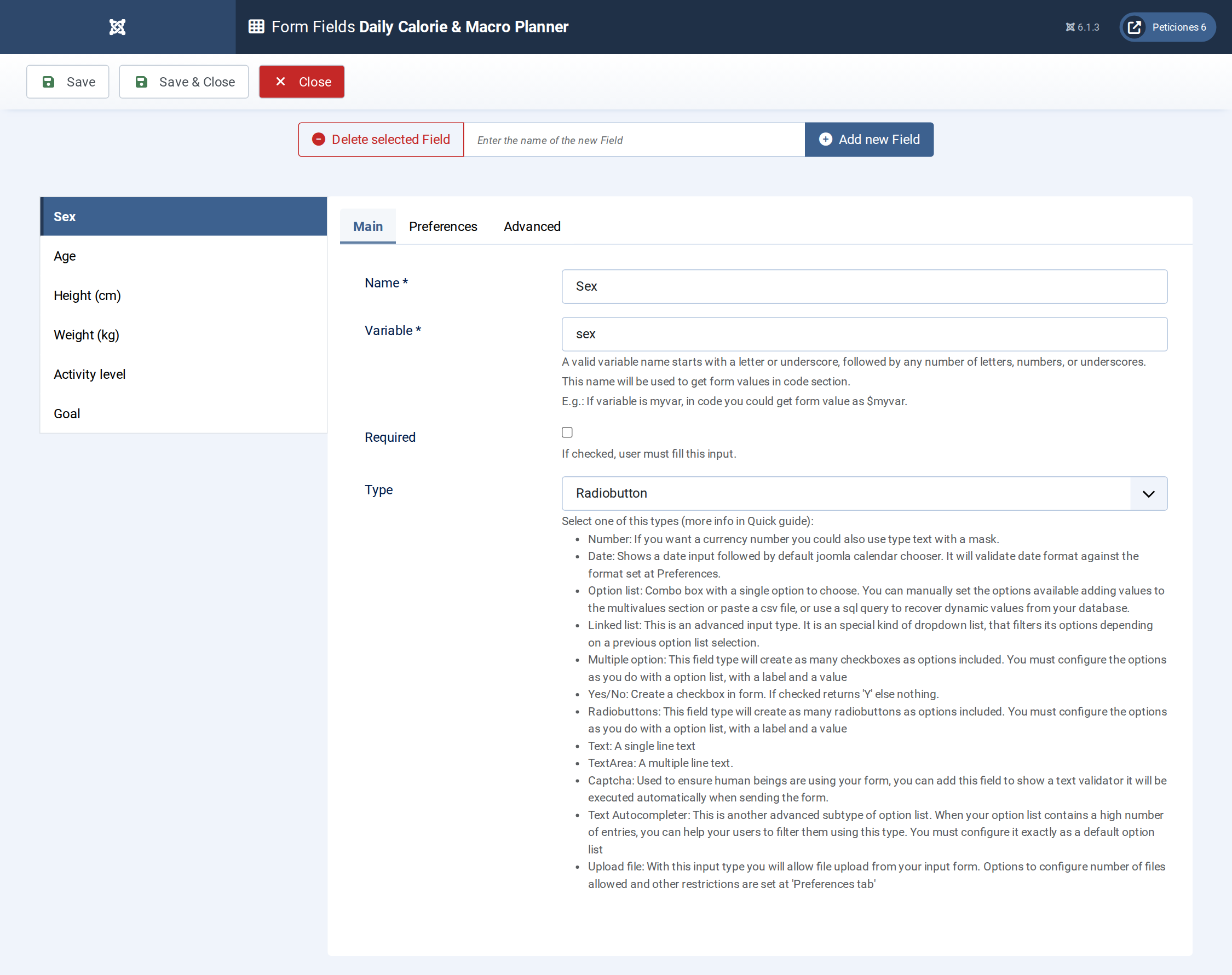Daily Calorie & Macro Planner - Form Fields admin screen