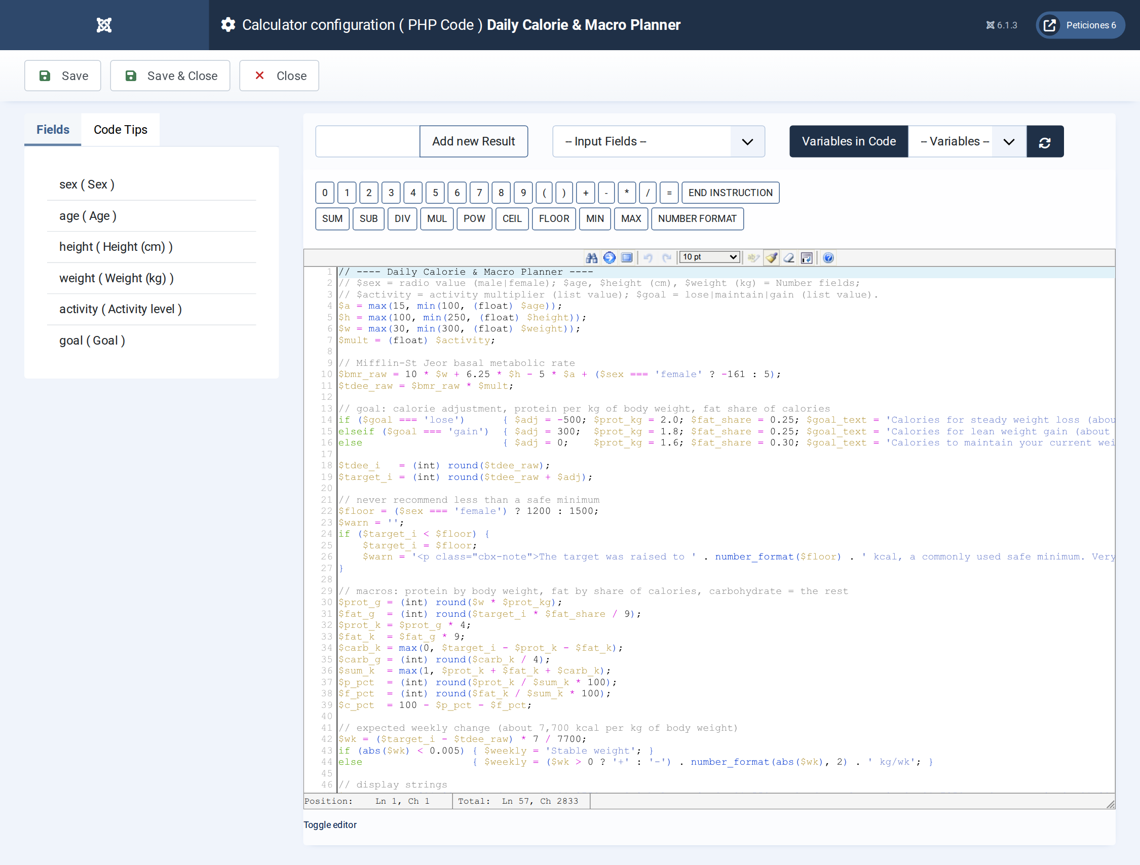 Daily Calorie & Macro Planner - PHP Code admin screen