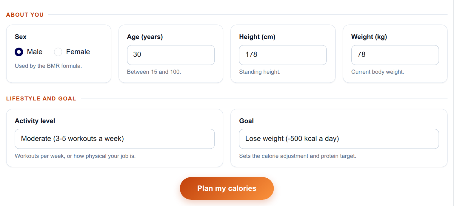 Daily Calorie & Macro Planner - input form on the frontend