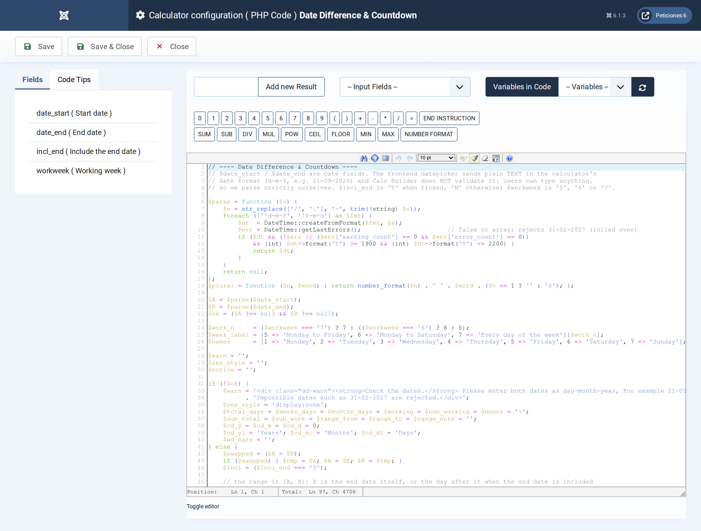 Date Difference & Countdown - PHP Code admin screen