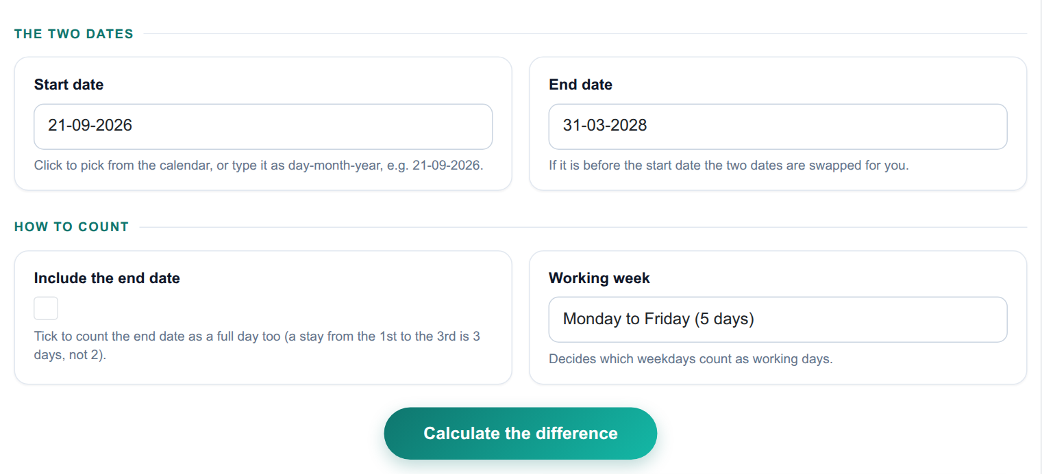 Date Difference & Countdown - input form on the frontend