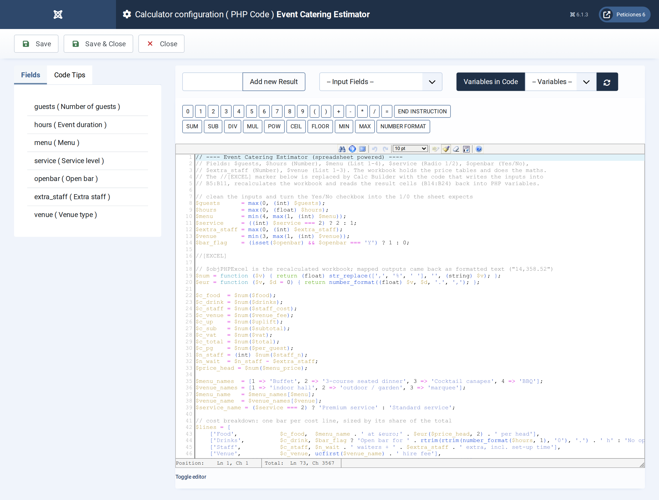 Event Catering Estimator - PHP Code screen