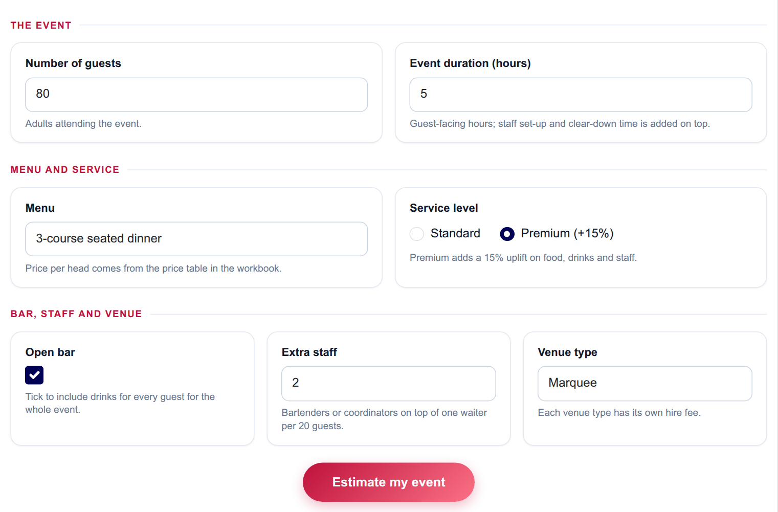 Event Catering Estimator - input form on the frontend