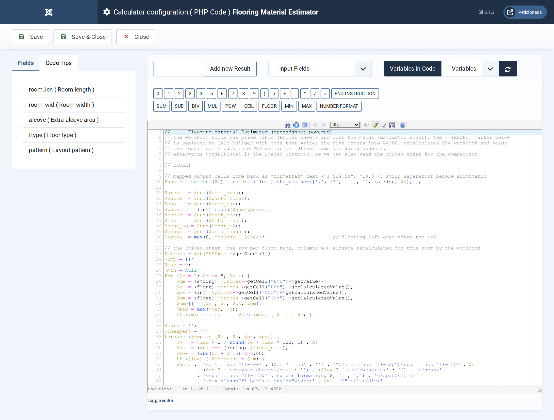 Flooring Material Estimator - PHP Code screen