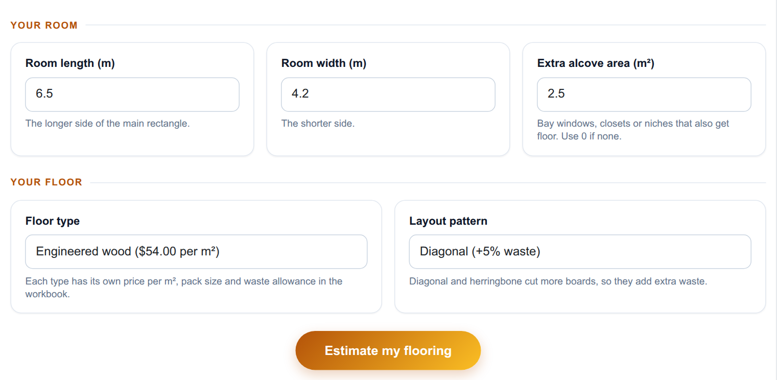 Flooring Material Estimator - input form on the frontend