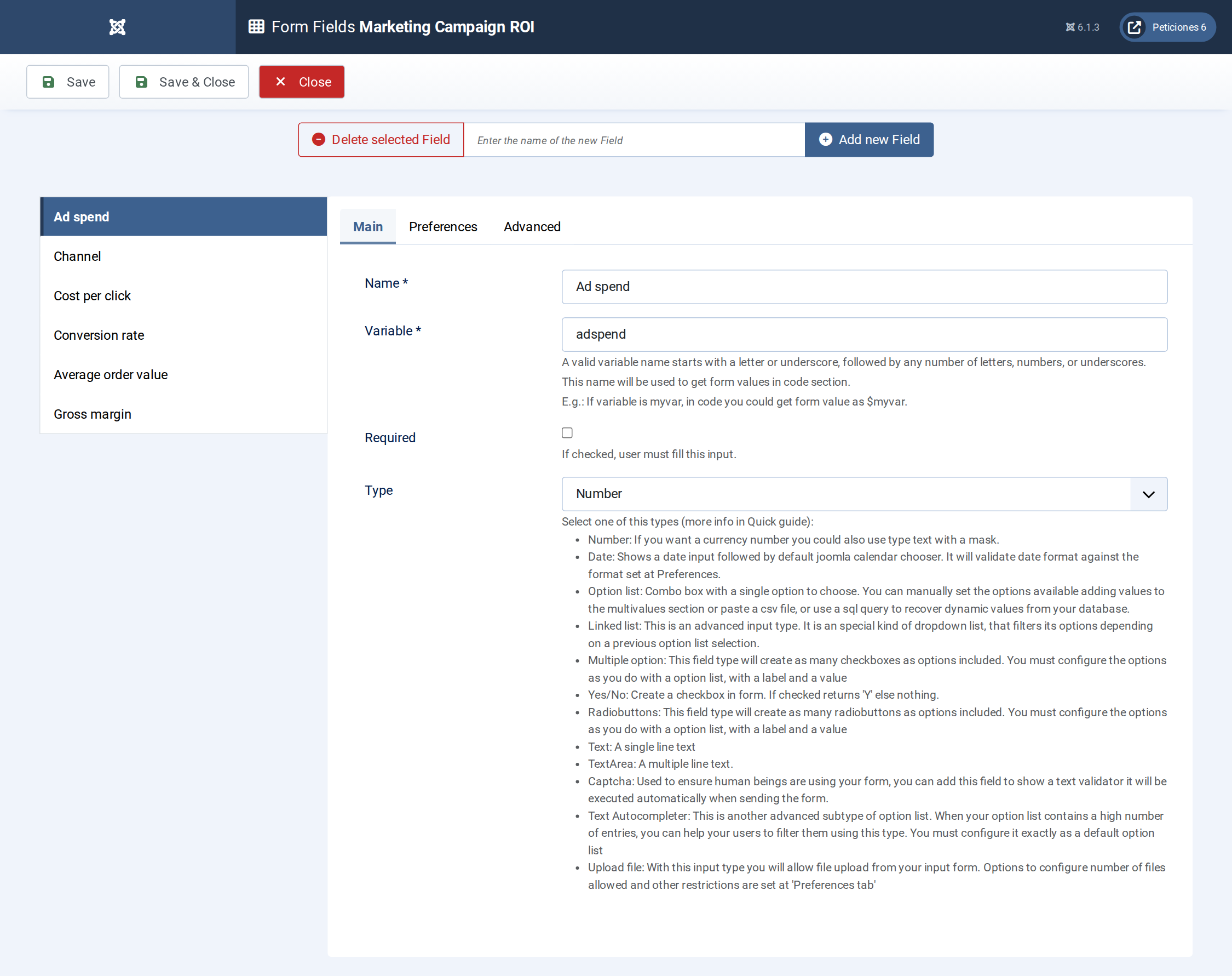 Marketing Campaign ROI - Form Fields admin screen