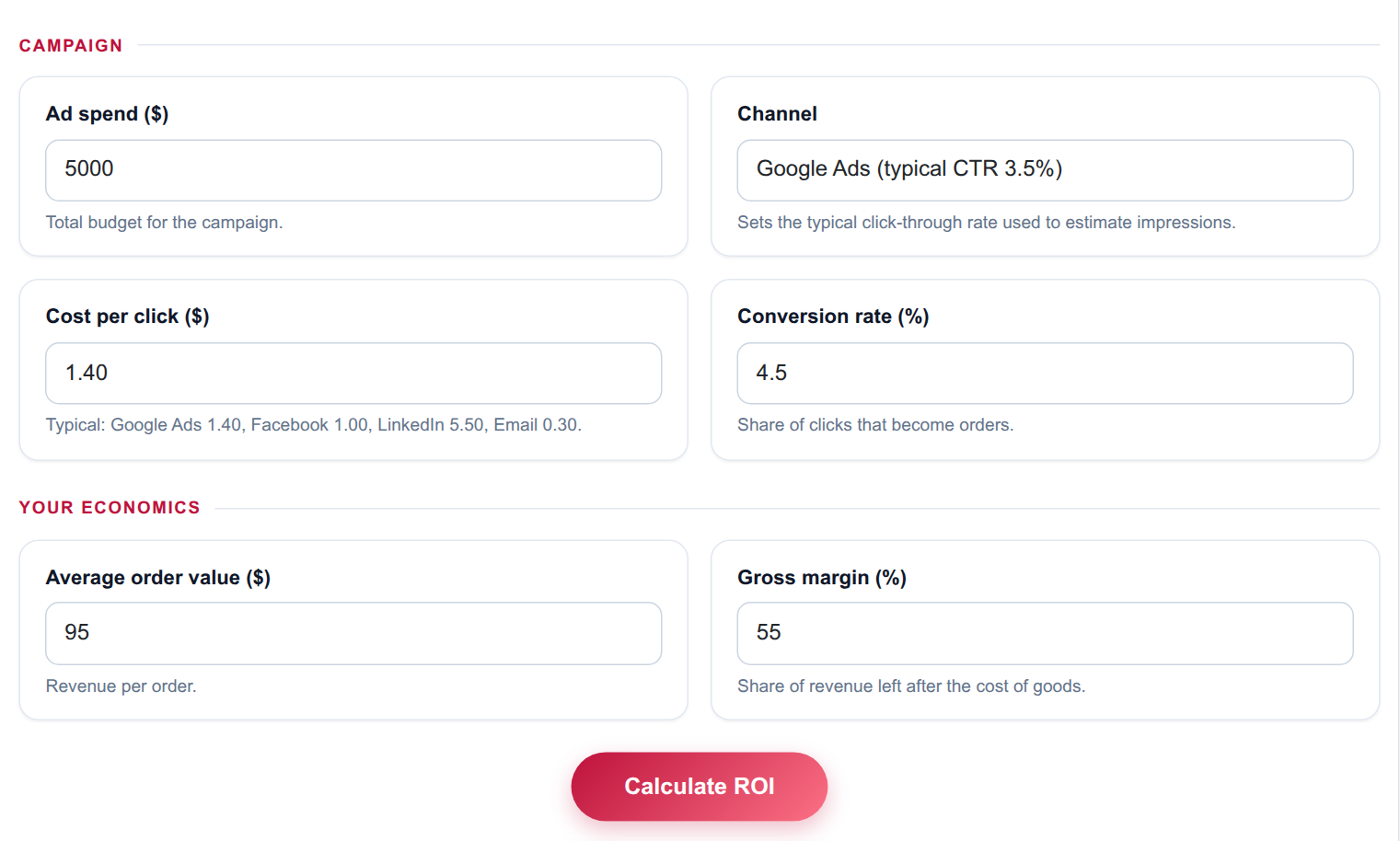 Marketing Campaign ROI - input form on the frontend