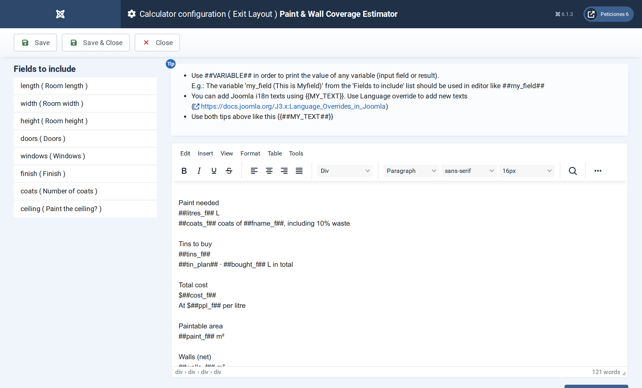 Paint & Wall Coverage Estimator - Exit Layout admin screen
