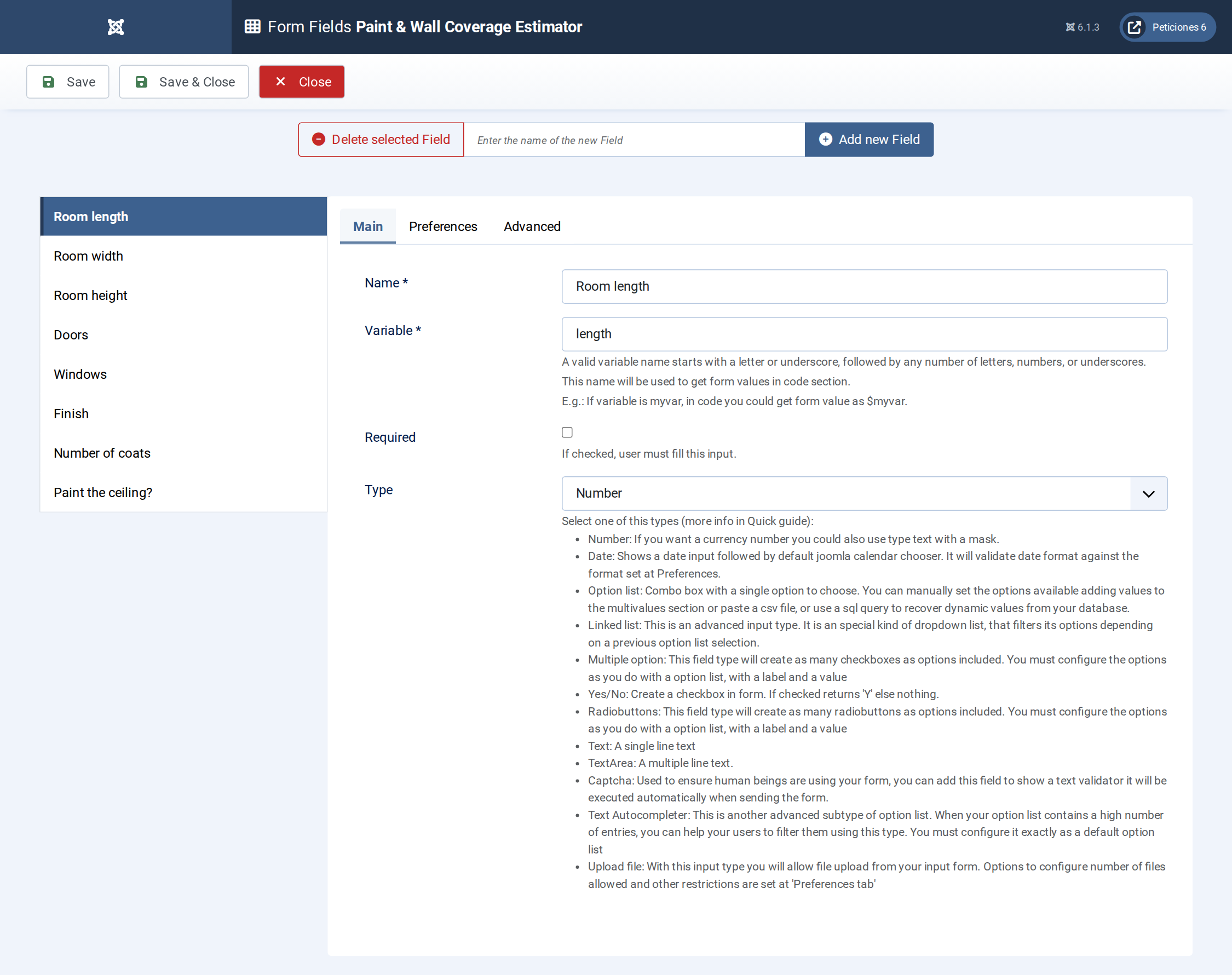 Paint & Wall Coverage Estimator - Form Fields admin screen