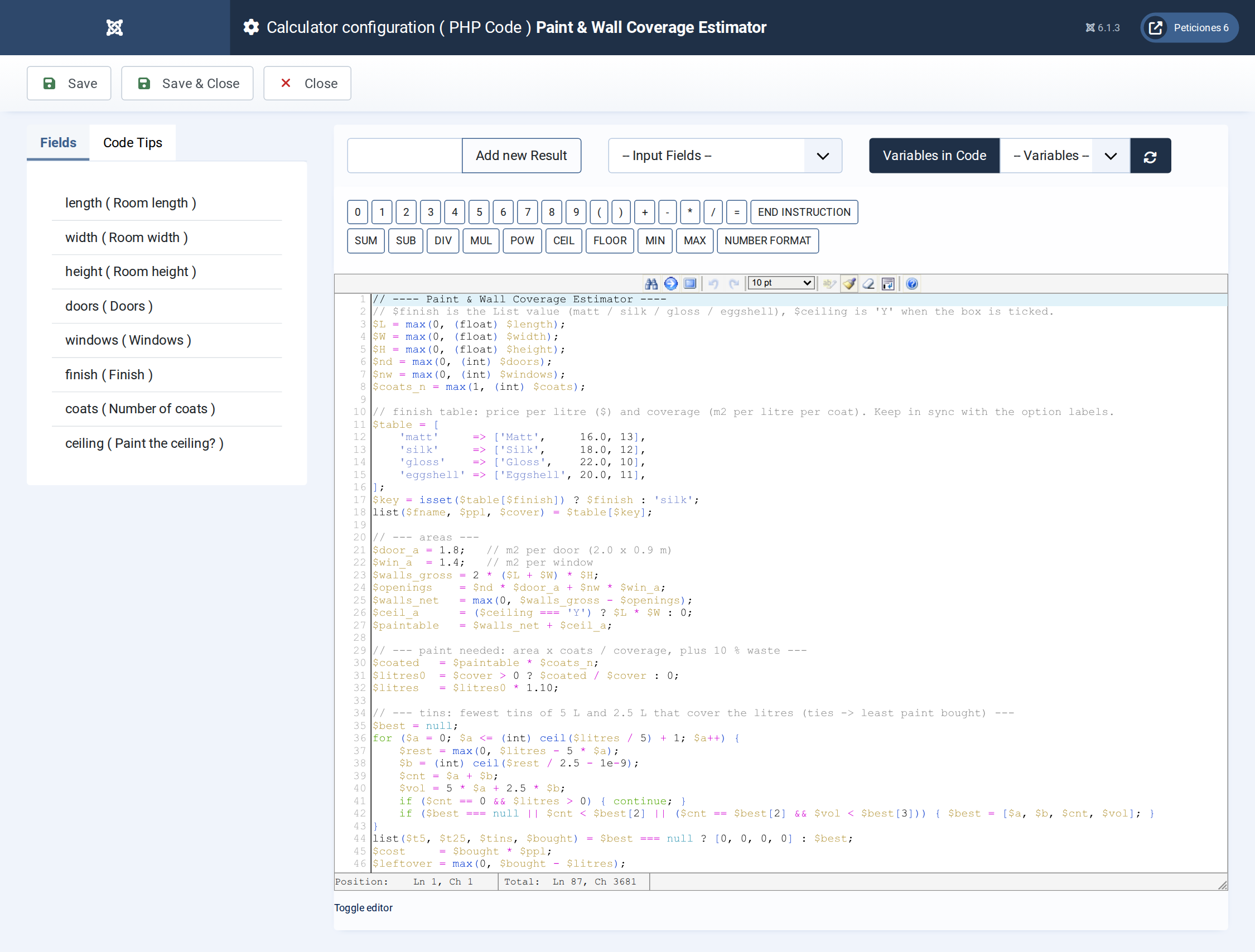 Paint & Wall Coverage Estimator - PHP Code admin screen