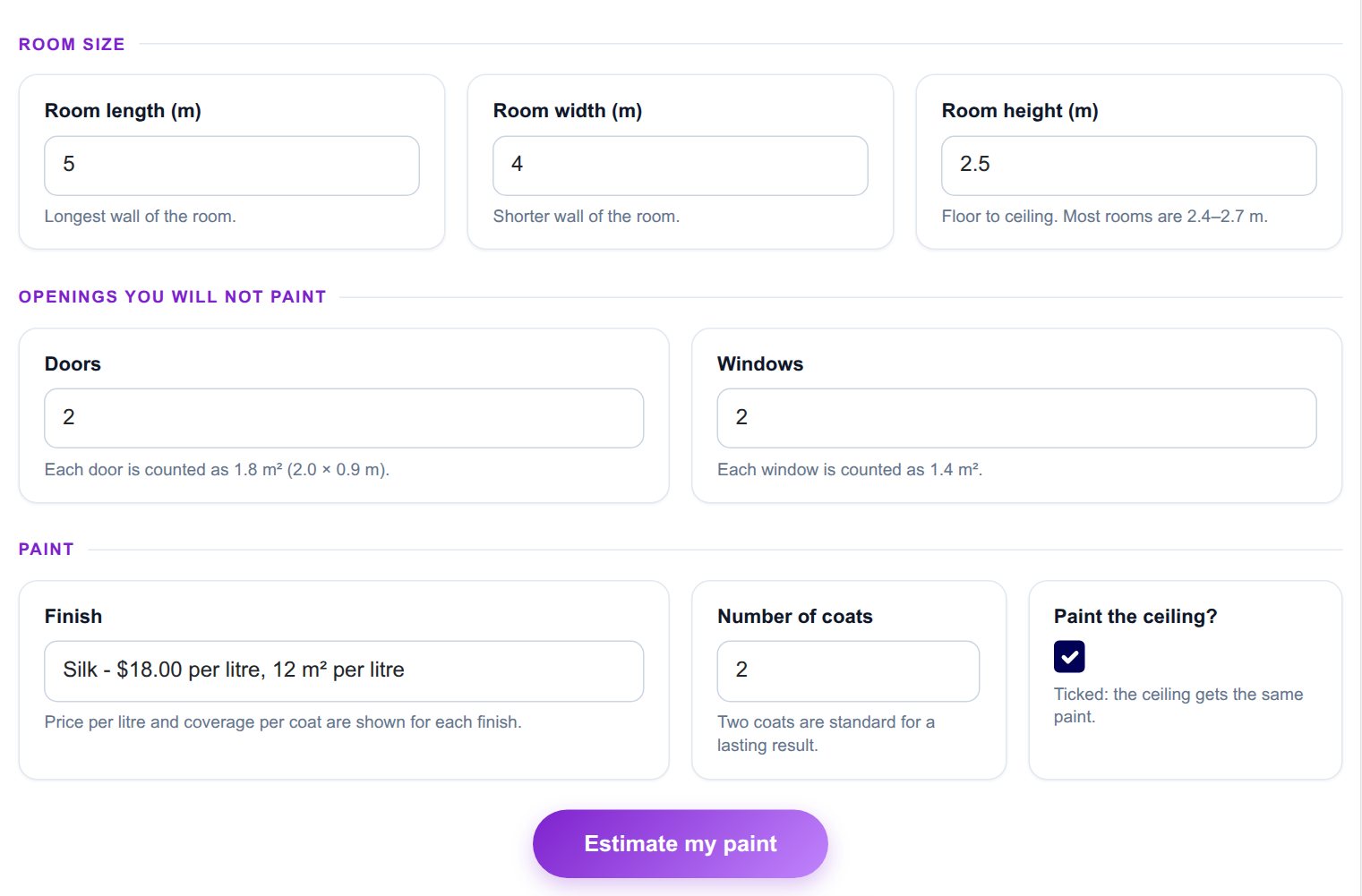 Paint & Wall Coverage Estimator - input form on the frontend