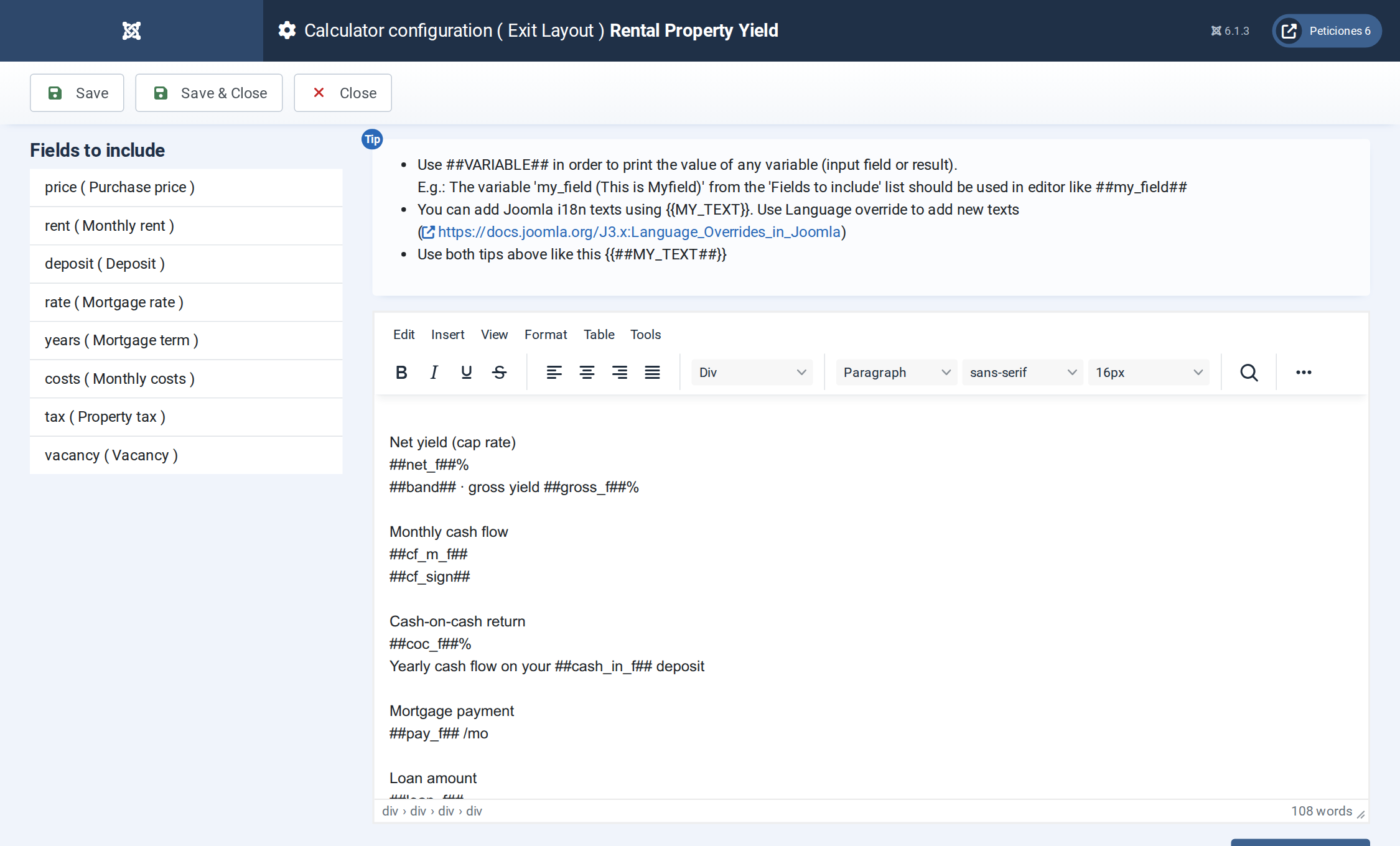 Rental Property Yield - Exit Layout admin screen