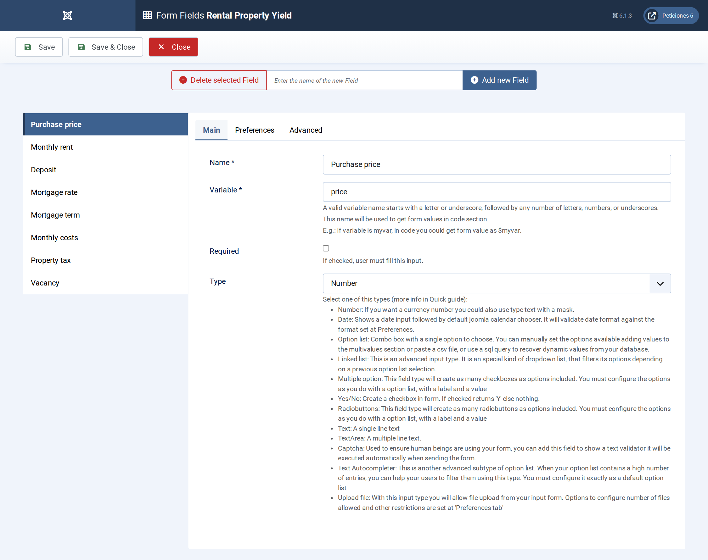 Rental Property Yield - Form Fields admin screen