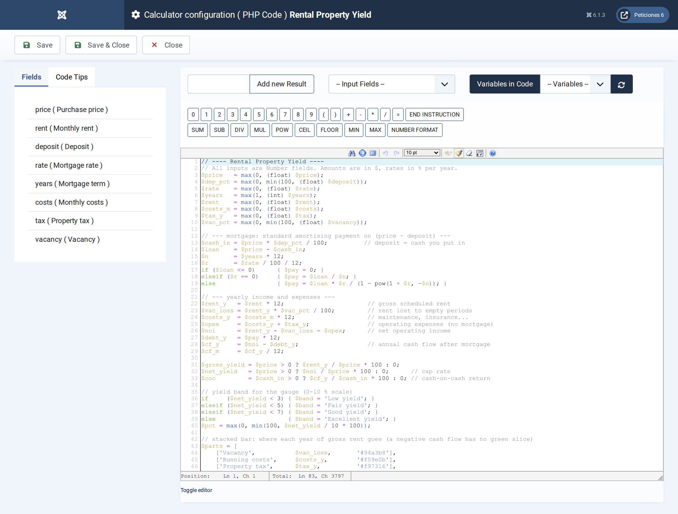 Rental Property Yield - PHP Code admin screen
