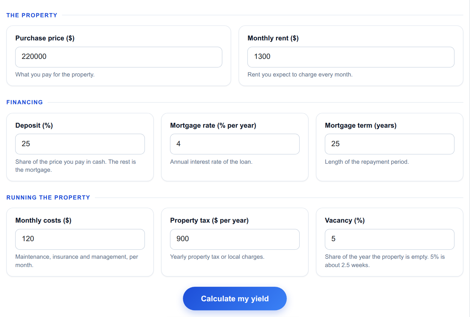 Rental Property Yield - input form on the frontend