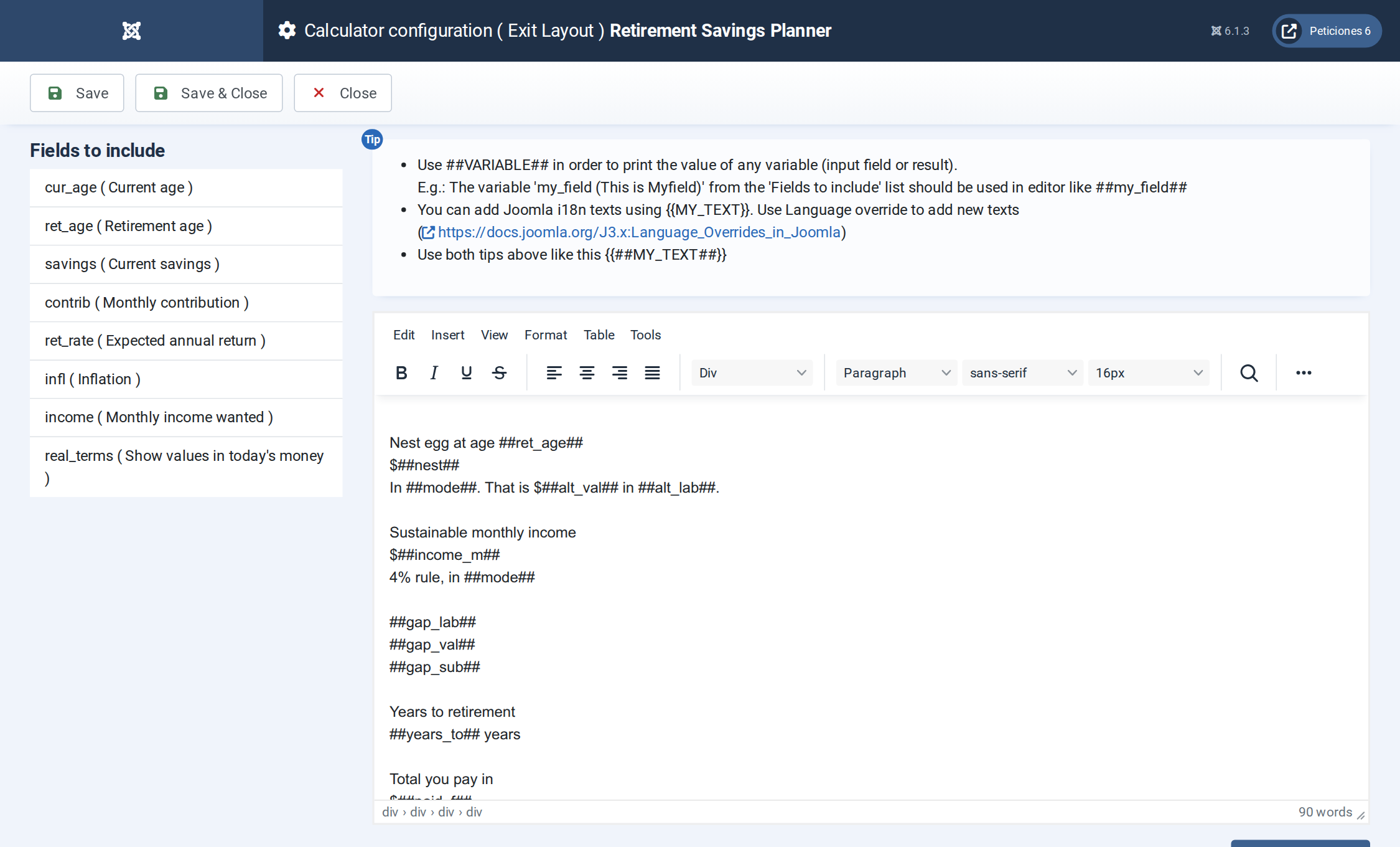 Retirement Savings Planner - Exit Layout admin screen