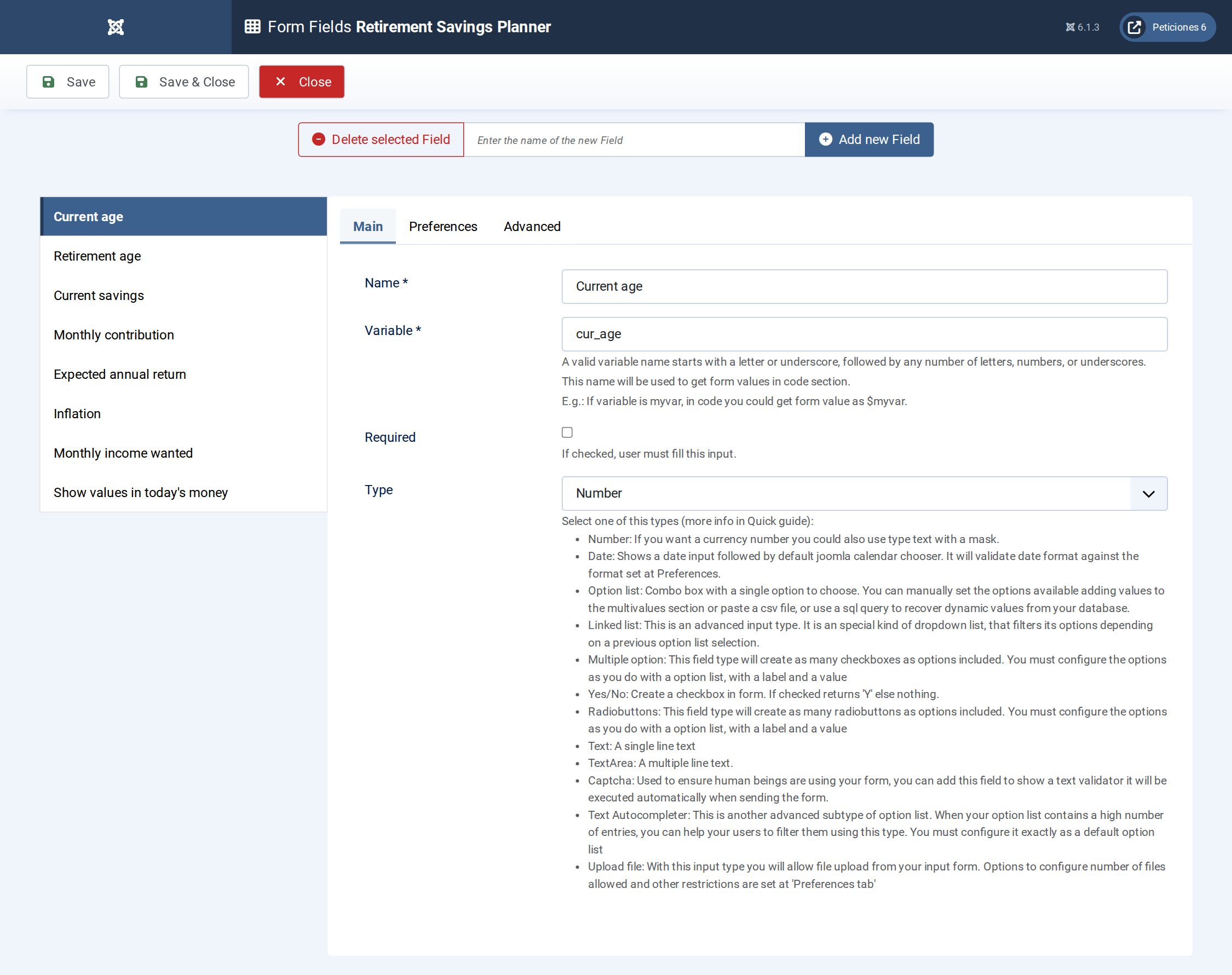 Retirement Savings Planner - Form Fields admin screen