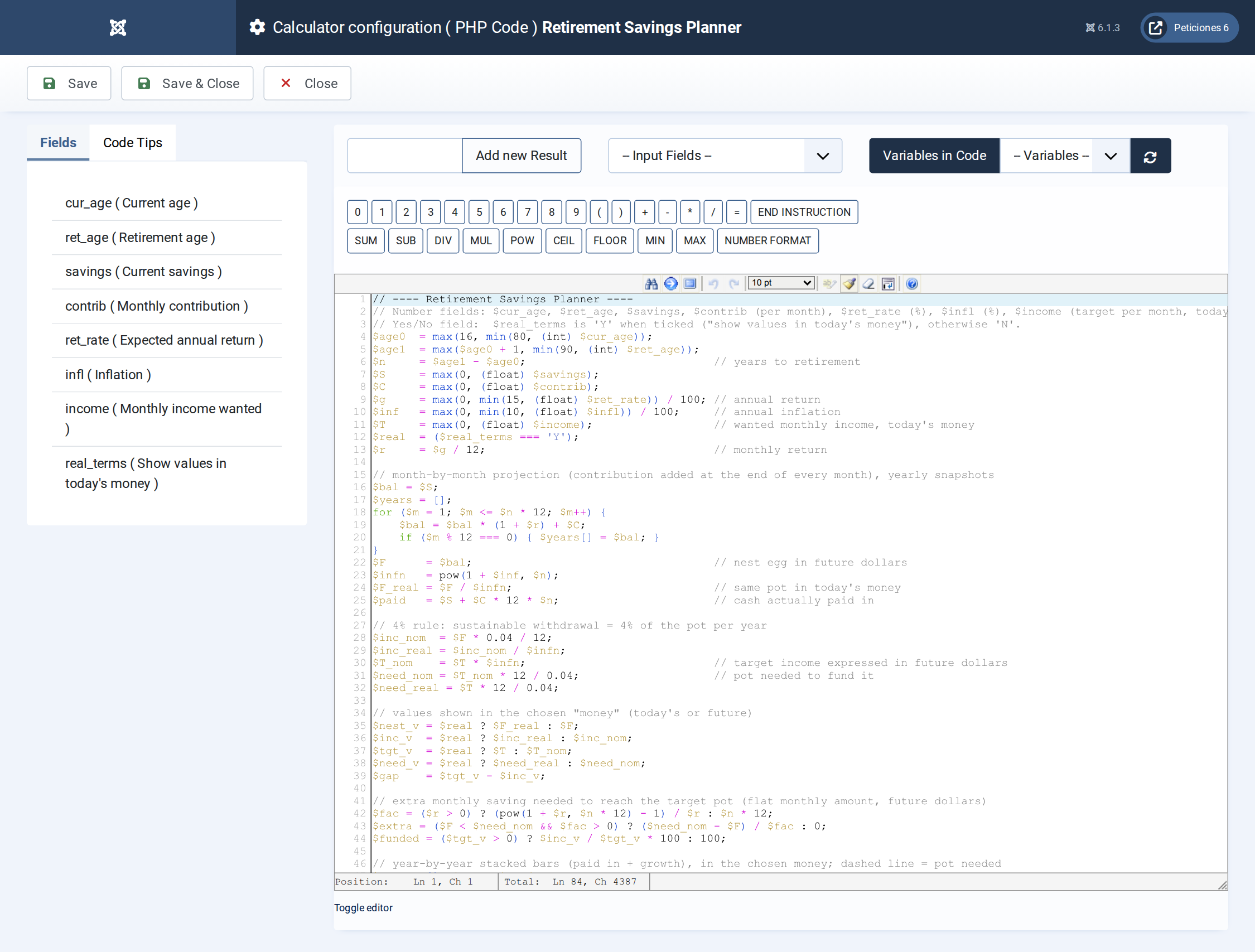 Retirement Savings Planner - PHP Code admin screen