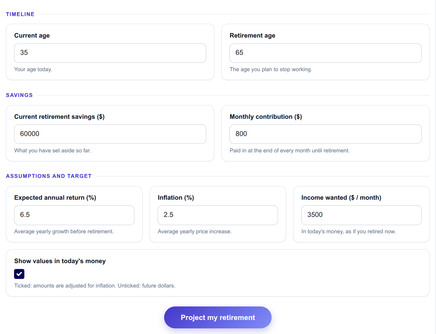 Retirement Savings Planner - input form on the frontend