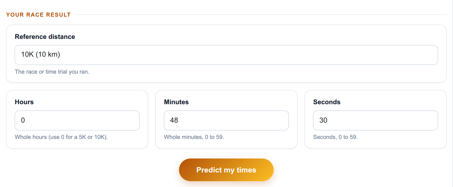 Running Pace & Race Predictor - input form on the frontend