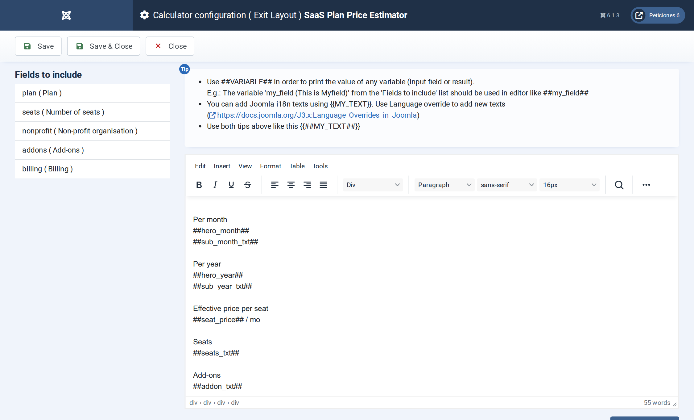 SaaS Plan Price Estimator - Exit Layout admin screen