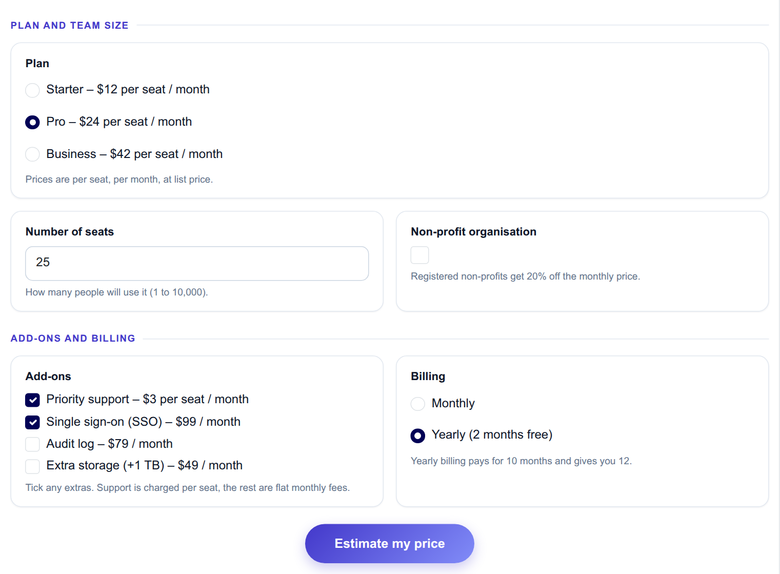 SaaS Plan Price Estimator - input form on the frontend